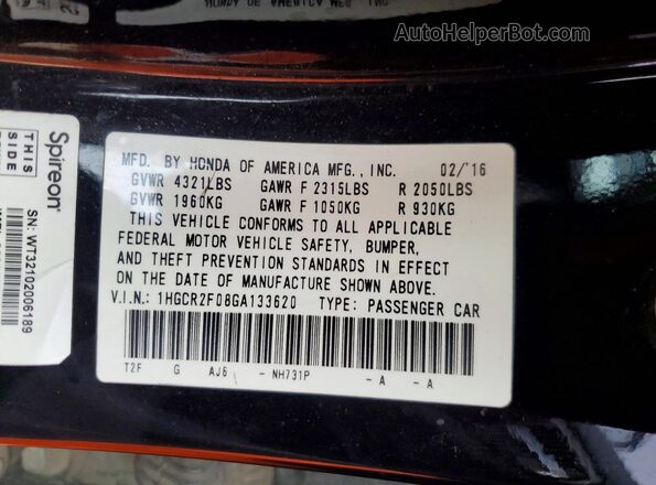 1HGCR2F08GA133620 2016 HONDA ACCORD Black Շարժիչի բաժամունքի տեսք