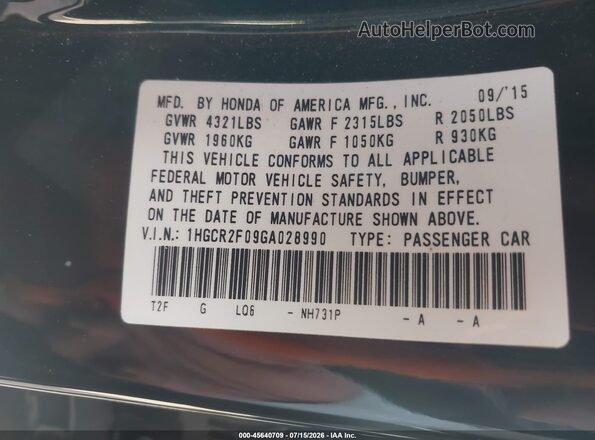 1HGCR2F09GA028990 2016 HONDA ACCORD Black Vista del compartimento del motor