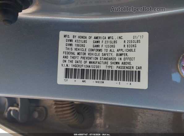 1HGCR2F10HA152561 2017 HONDA ACCORD Silver Vista del compartimento del motor