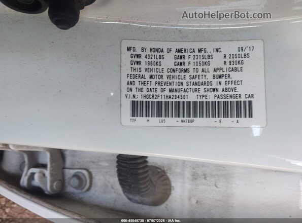 1HGCR2F11HA294501 2017 HONDA ACCORD White Widok komory silnika