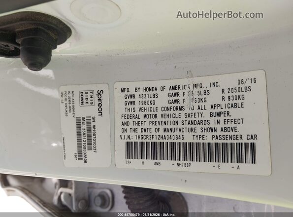 1HGCR2F12HA040845 2017 HONDA ACCORD White Widok komory silnika