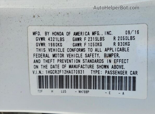 1HGCR2F12HA070931 2017 HONDA ACCORD White Widok komory silnika