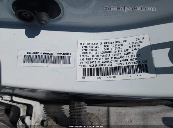 1HGCR2F14HA001268 2017 HONDA ACCORD Белый Вид подкапотного пространства