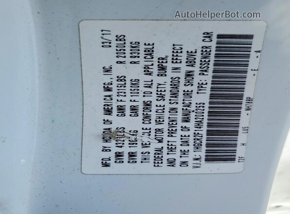 1HGCR2F14HA200255 2017 HONDA ACCORD White Vista del compartimento del motor