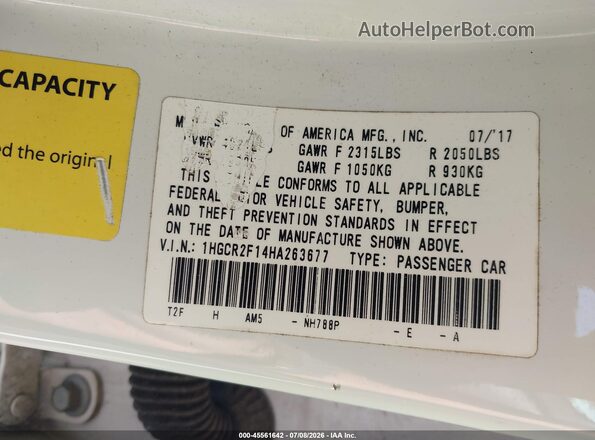 1HGCR2F14HA263677 2017 HONDA ACCORD White Engine compartment view