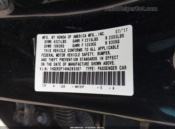 1HGCR2F14HA265087 2017 HONDA ACCORD Black Vista del compartimento del motor
