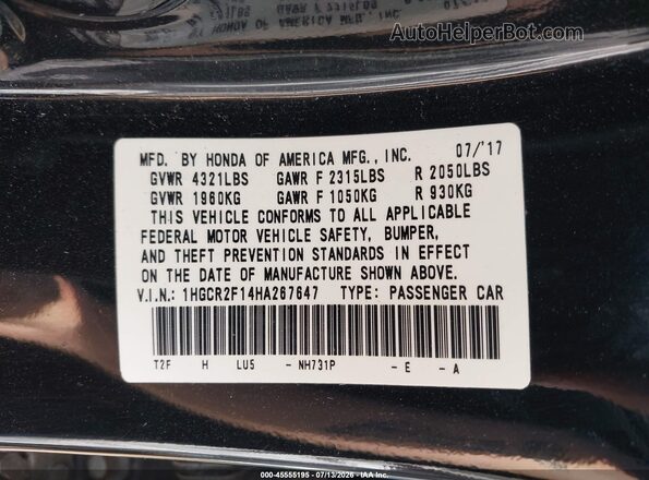 1HGCR2F14HA267647 2017 HONDA ACCORD Black Widok komory silnika