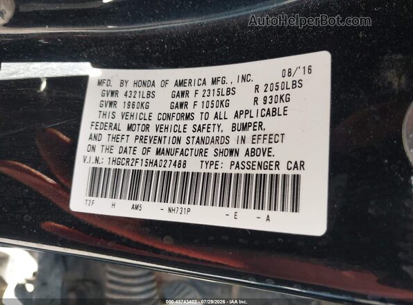 1HGCR2F15HA027488 2017 HONDA ACCORD Black Vista del compartimento del motor