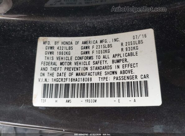1HGCR2F16HA018069 2017 HONDA ACCORD Black Engine compartment view