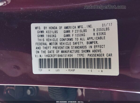 1HGCR2F16HA151494 2017 HONDA ACCORD Burgundy Вид підкапотного простору