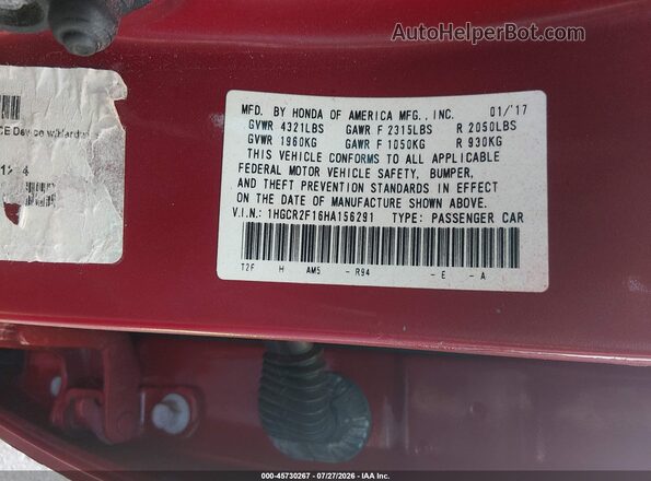 1HGCR2F16HA156291 2017 HONDA ACCORD Red Vista del compartimento del motor