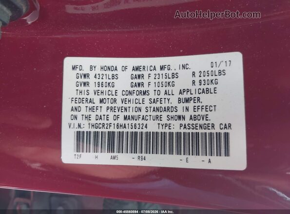 1HGCR2F16HA156324 2017 HONDA ACCORD Темно-бордовый Вид подкапотного пространства