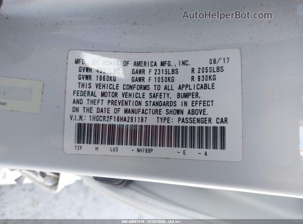 1HGCR2F16HA291187 2017 HONDA ACCORD White Շարժիչի բաժամունքի տեսք