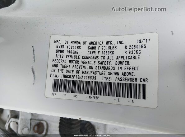 1HGCR2F16HA305539 2017 HONDA ACCORD White Engine compartment view