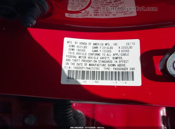 1HGCR2F17HA070763 2017 HONDA ACCORD Red Widok komory silnika