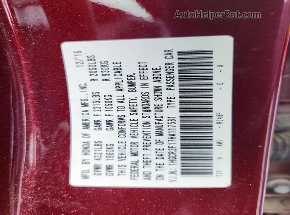 1HGCR2F17HA117581 2017 HONDA ACCORD Burgundy Vista del compartimento del motor
