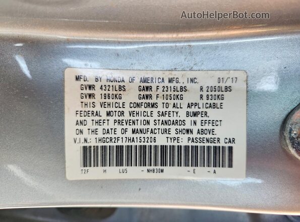 1HGCR2F17HA153206 2017 HONDA ACCORD Silver VIN sticker view