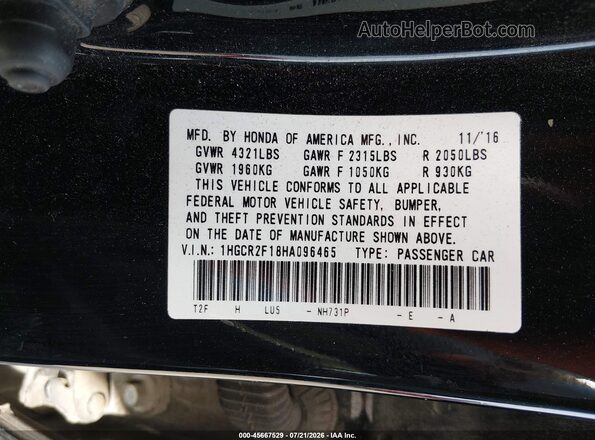 1HGCR2F18HA096465 2017 HONDA ACCORD Black Engine compartment view