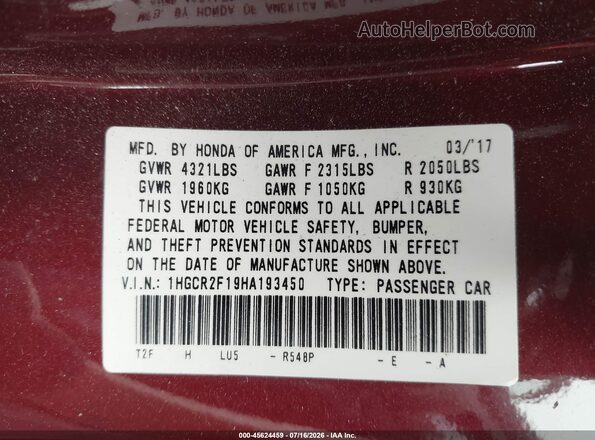 1HGCR2F19HA193450 2017 HONDA ACCORD Темно-бордовый Вид подкапотного пространства