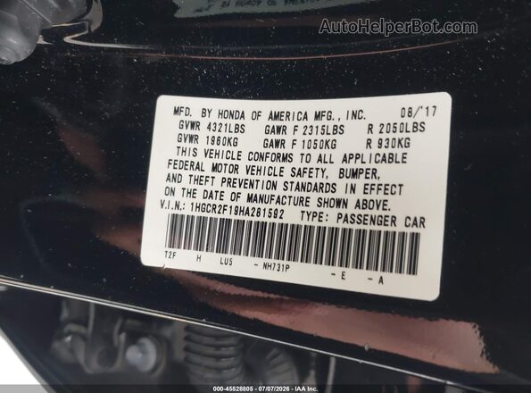 1HGCR2F19HA281592 2017 HONDA ACCORD Black Вид підкапотного простору