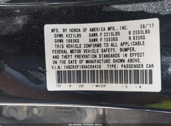 1HGCR2F19HA298439 2017 HONDA ACCORD Black Widok komory silnika
