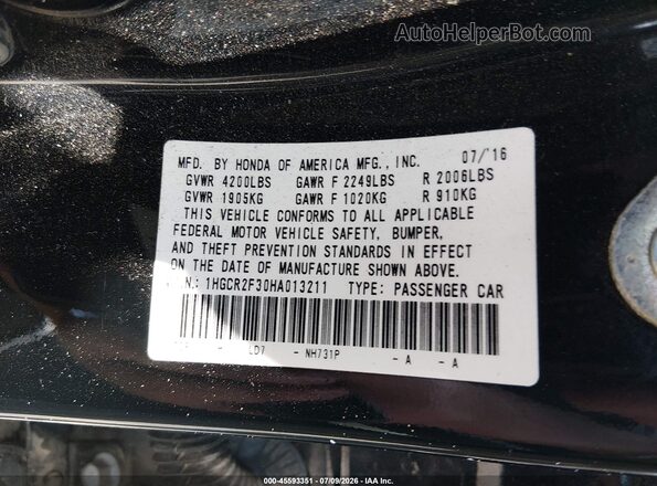 1HGCR2F30HA013211 2017 HONDA ACCORD Black Engine compartment view