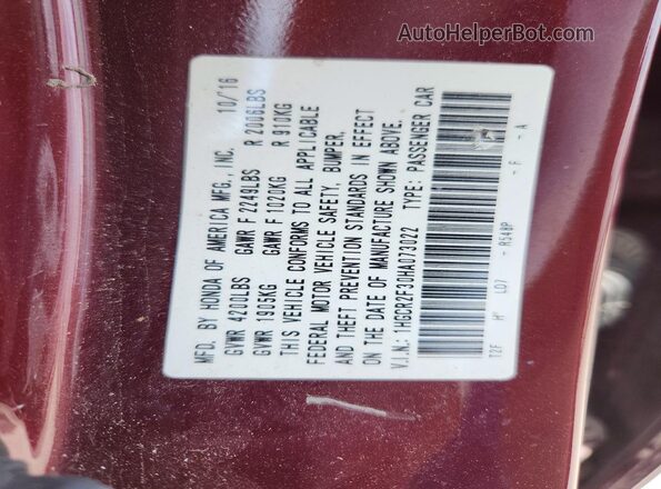 1HGCR2F30HA073022 2017 HONDA ACCORD Burgundy Вид підкапотного простору