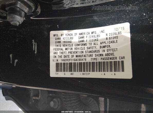 1HGCR2F31GA098476 2016 HONDA ACCORD Черный Вид подкапотного пространства