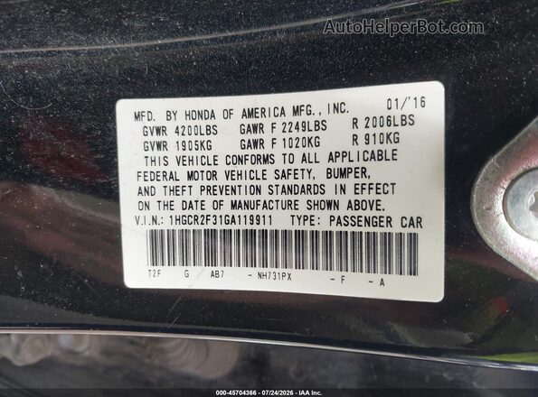 1HGCR2F31GA119911 2016 HONDA ACCORD Black Вид підкапотного простору