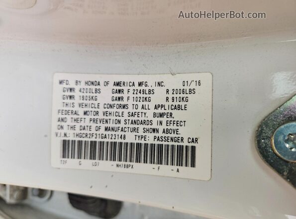 1HGCR2F31GA123148 2016 HONDA ACCORD White VIN კოდის სტიკერის ხედი