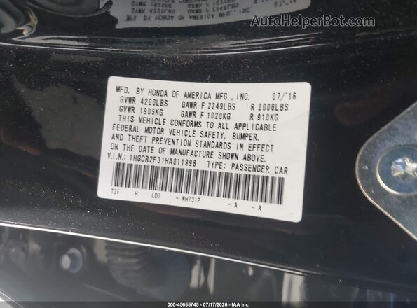 1HGCR2F31HA011998 2017 HONDA ACCORD Black Շարժիչի բաժամունքի տեսք
