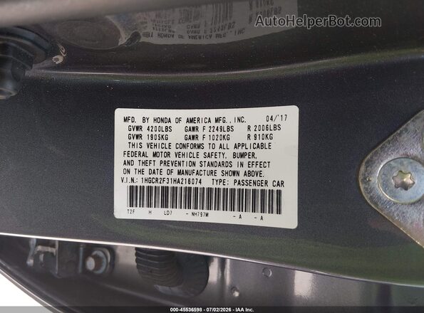 1HGCR2F31HA216074 2017 HONDA ACCORD Gray Widok komory silnika