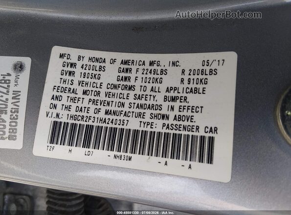 1HGCR2F31HA240357 2017 HONDA ACCORD Серебряный Вид подкапотного пространства