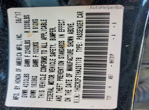 1HGCR2F31HA287176 2017 HONDA ACCORD Черный Вид подкапотного пространства