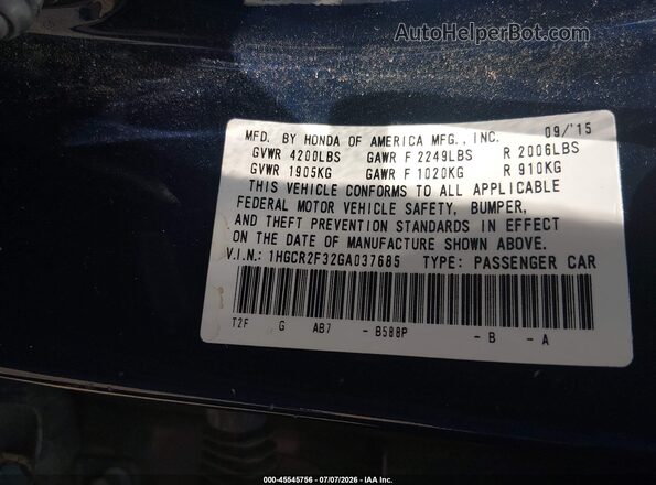 1HGCR2F32GA037685 2016 HONDA ACCORD Blue Widok komory silnika