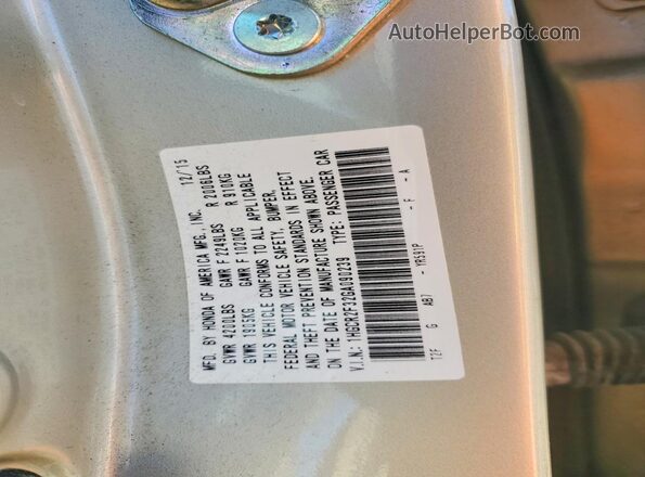 1HGCR2F32GA090239 2016 HONDA ACCORD Beige Շարժիչի բաժամունքի տեսք