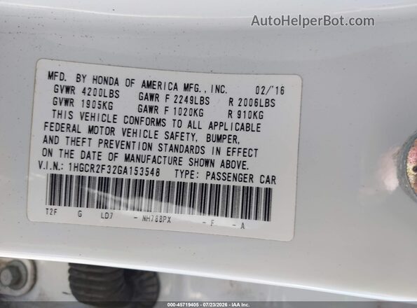 1HGCR2F32GA153548 2016 HONDA ACCORD White Շարժիչի բաժամունքի տեսք