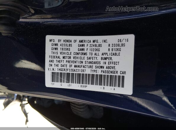 1HGCR2F32GA231097 2016 HONDA ACCORD Blue ძრავის განყოფილების ხედი