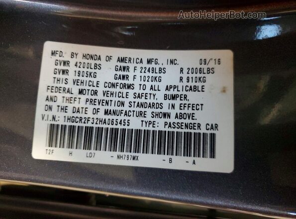 1HGCR2F32HA065455 2017 HONDA ACCORD Серый Вид подкапотного пространства