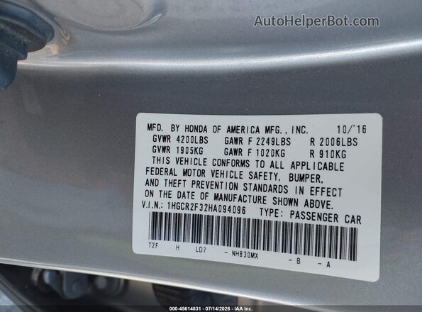 1HGCR2F32HA094096 2017 HONDA ACCORD Silver Շարժիչի բաժամունքի տեսք