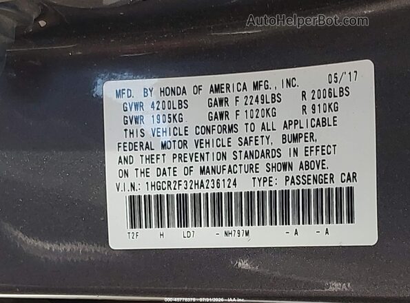 1HGCR2F32HA236124 2017 HONDA ACCORD Gray Engine compartment view