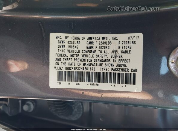 1HGCR2F32HA261878 2017 HONDA ACCORD Серый Вид подкапотного пространства