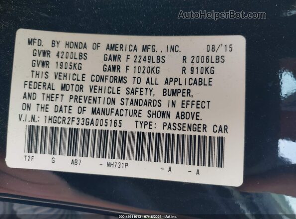 1HGCR2F33GA005165 2016 HONDA ACCORD Black Widok komory silnika