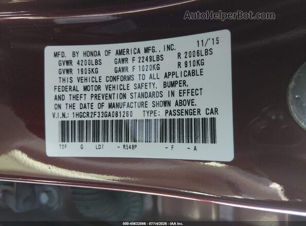 1HGCR2F33GA081260 2016 HONDA ACCORD Maroon Vista del compartimento del motor