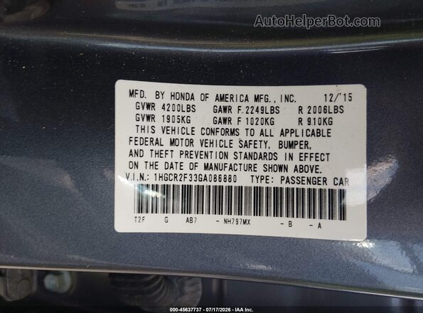 1HGCR2F33GA086880 2016 HONDA ACCORD Gray ძრავის განყოფილების ხედი
