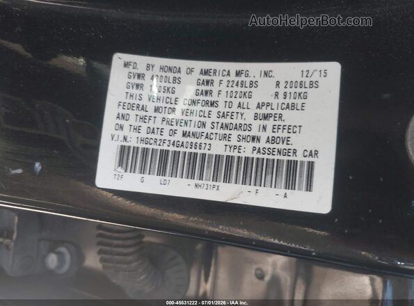 1HGCR2F34GA096673 2016 HONDA ACCORD Black Widok komory silnika