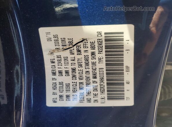 1HGCR2F34HA000378 2017 HONDA ACCORD Blue Engine compartment view