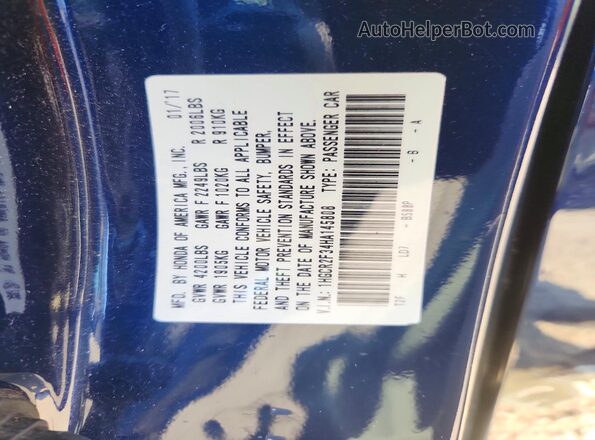1HGCR2F34HA145808 2017 HONDA ACCORD Blue Vista del compartimento del motor