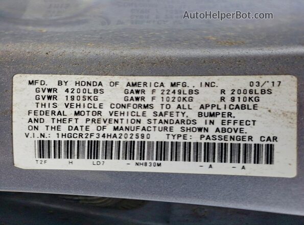 1HGCR2F34HA202590 2017 HONDA ACCORD Серебряный Вид подкапотного пространства