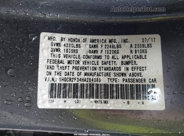 1HGCR2F34HA264085 2017 HONDA ACCORD Gray Vista del compartimento del motor